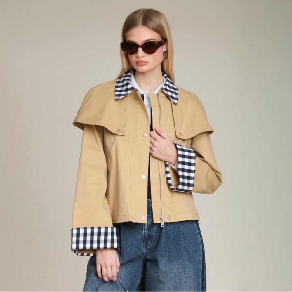 Avec Les Filles Gingham Trim Cape Trench Jacket Khaki Tan XS NWT - Picture 5 of 12